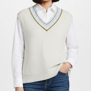 Talbots Sweater Vest Linen Cotton Blend White Pastel Striped Large Preppy Layers